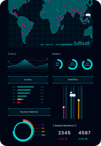 Image of a dashboard showing various stats and pointers on the world map